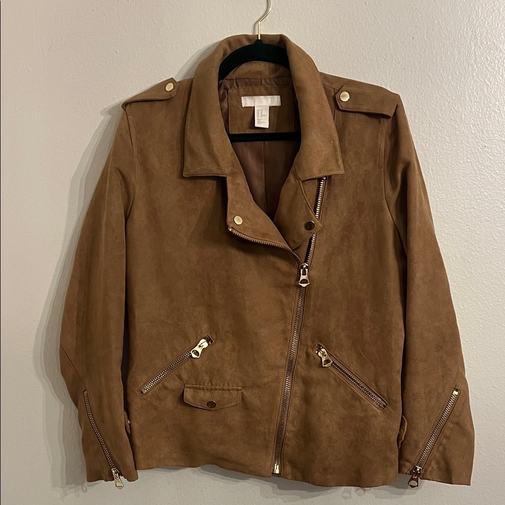 H&M Tan Camel Brown Faux Suede Moto Jacket with Gold Zip & Accents 12